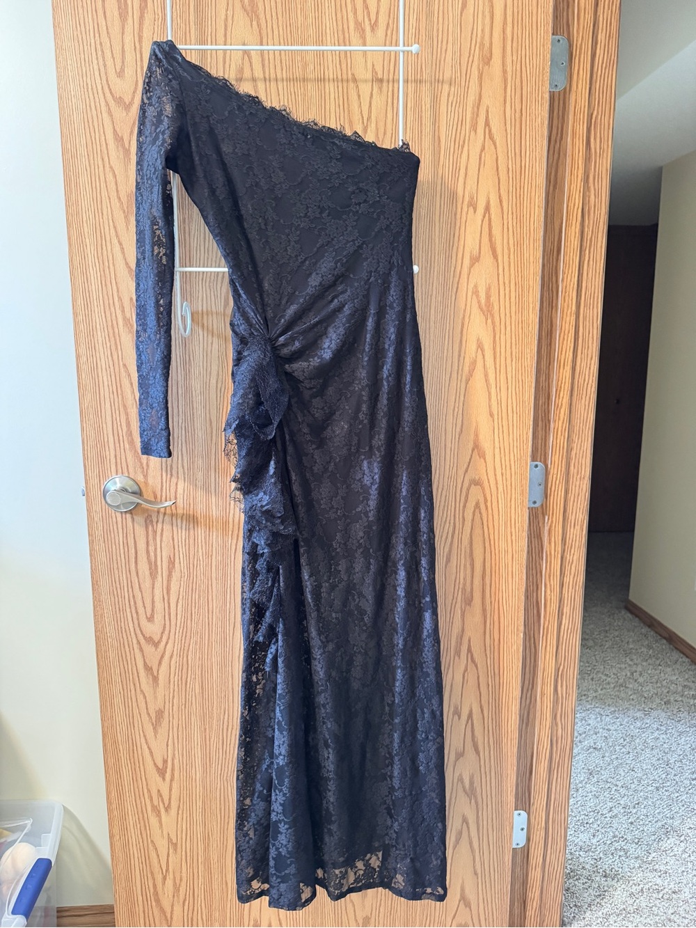 Bebe Black Lace One Shoulder Maxi Dress Ruffle Evening Gown S